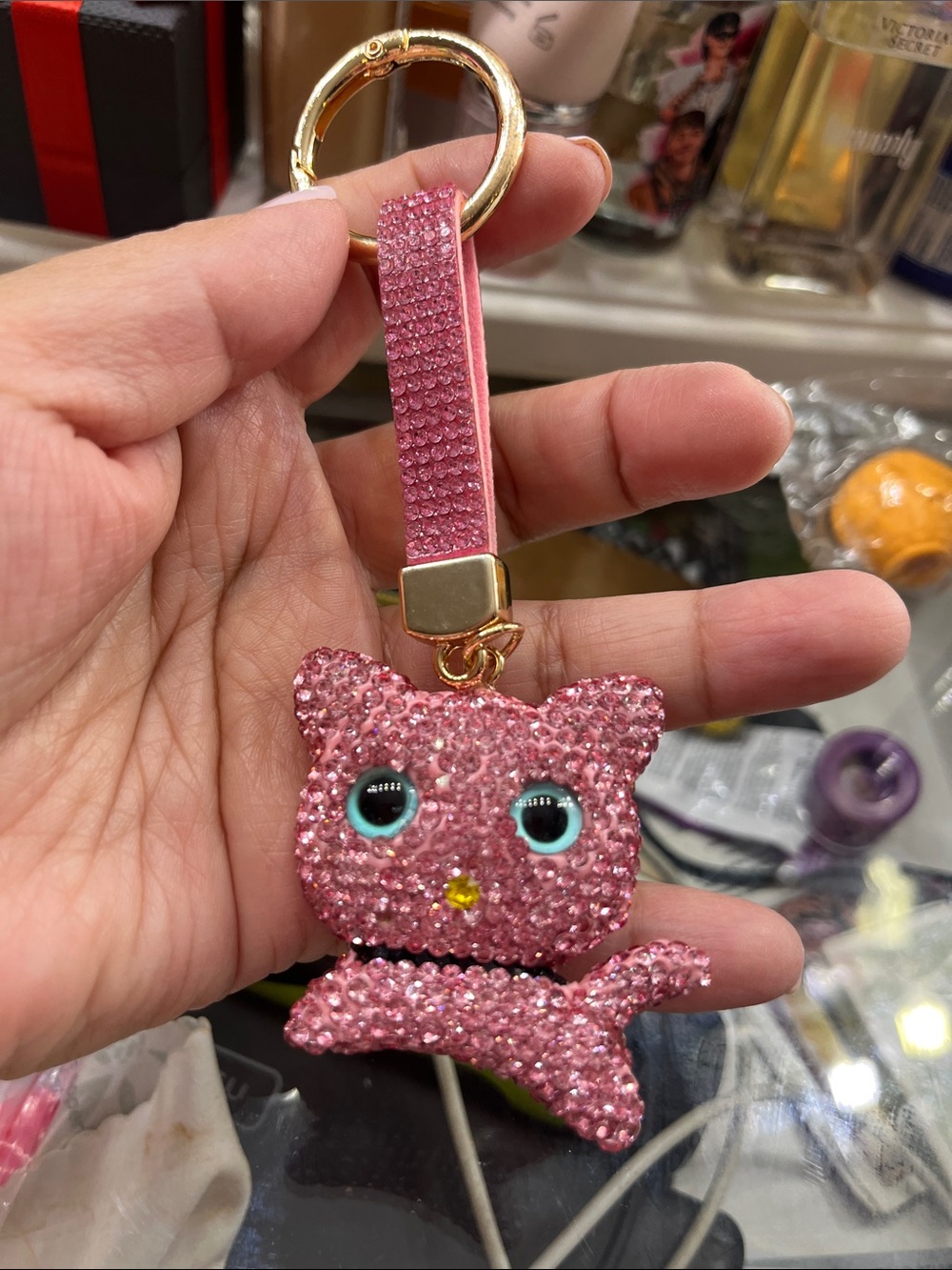 Pink Crystal Cat Keychain Wristlet